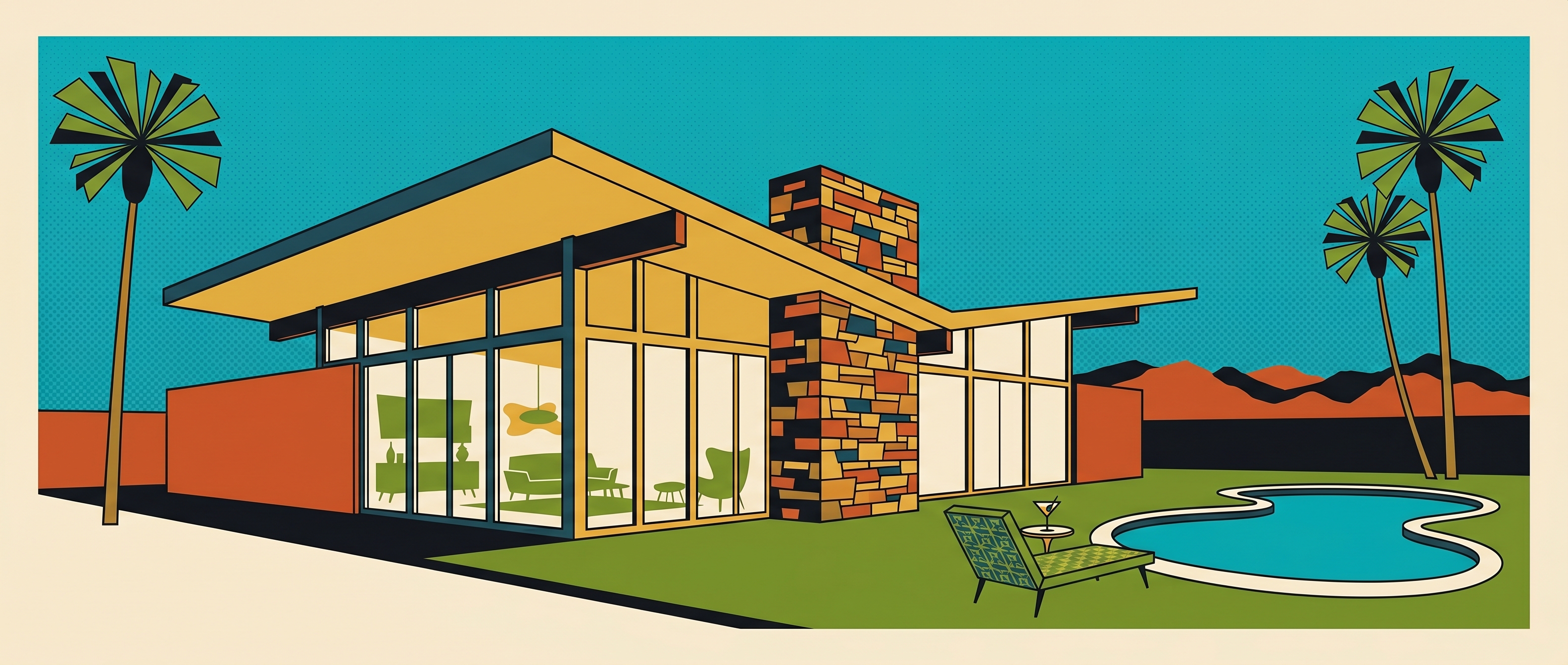 A flat-vector Shag-style illustration of an iconic Palm Springs mid-century modern house with a butterfly roof, kidney pool, and palm trees