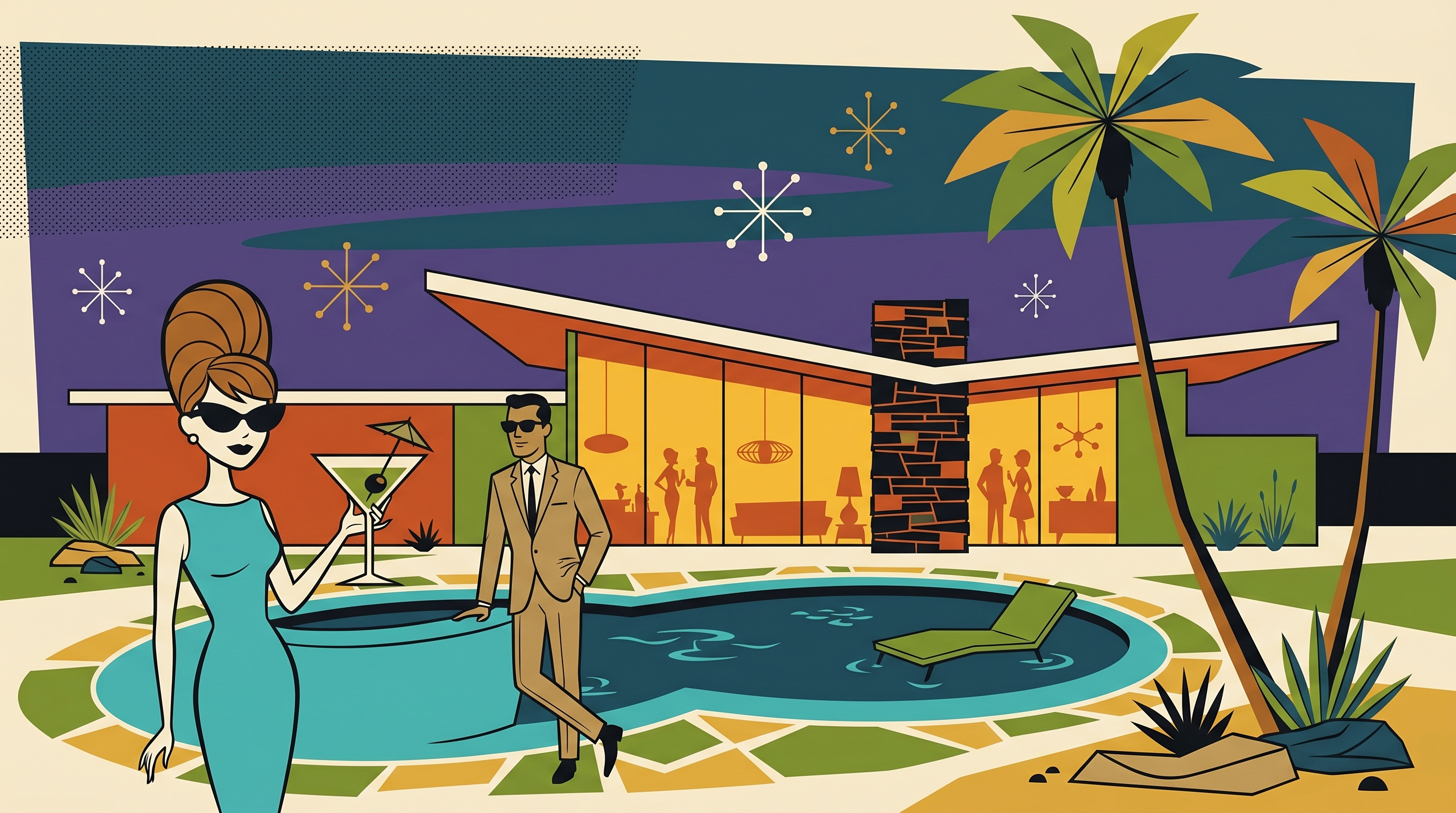 A flat-vector Shag-style illustration of a 1962 Palm Springs cocktail party scene at a kidney pool