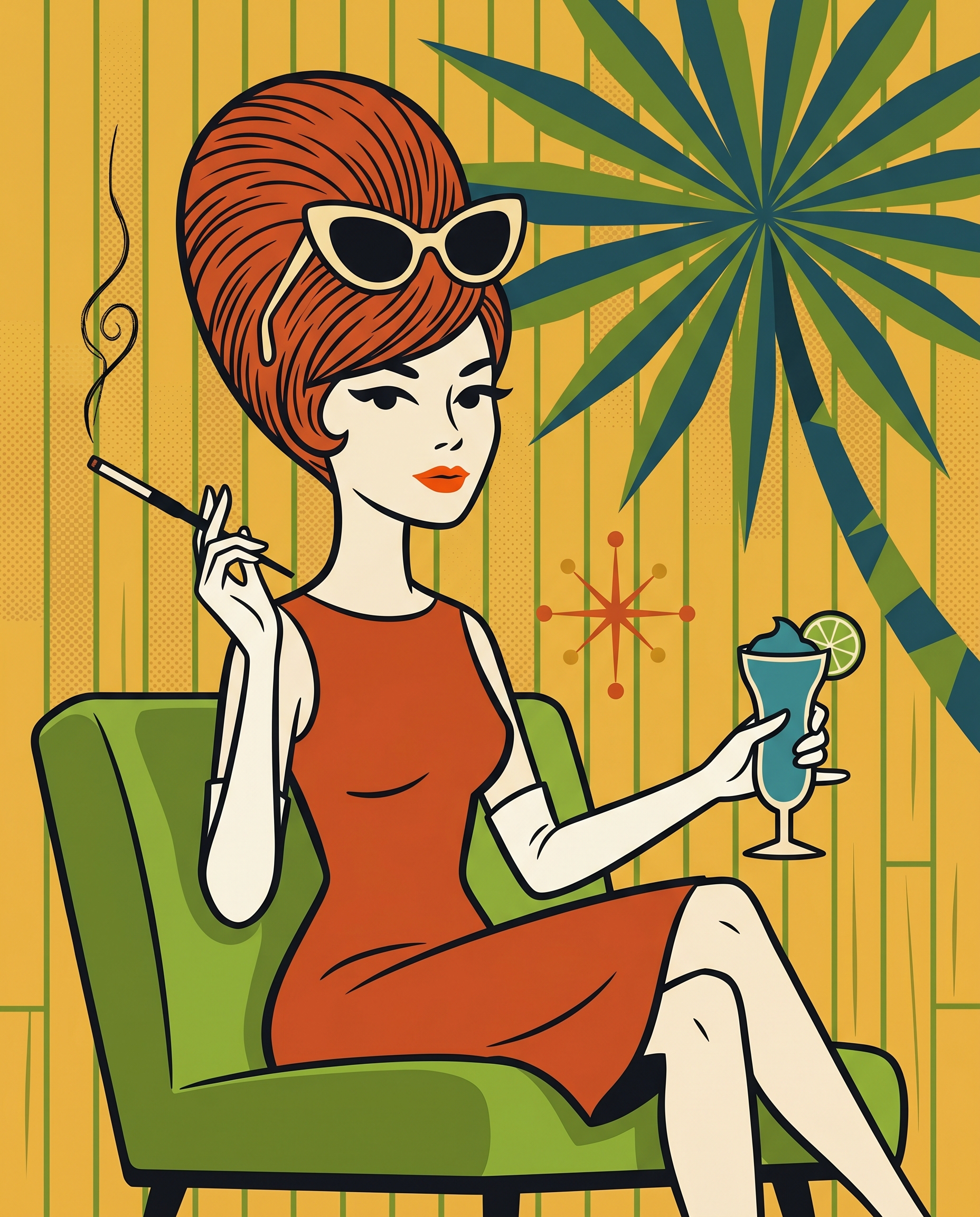 A flat-vector Shag-style illustration of a 1962 Palm Springs woman with red hair beehive in a burnt-orange cocktail dress, holding a cigarette holder and tall daiquiri