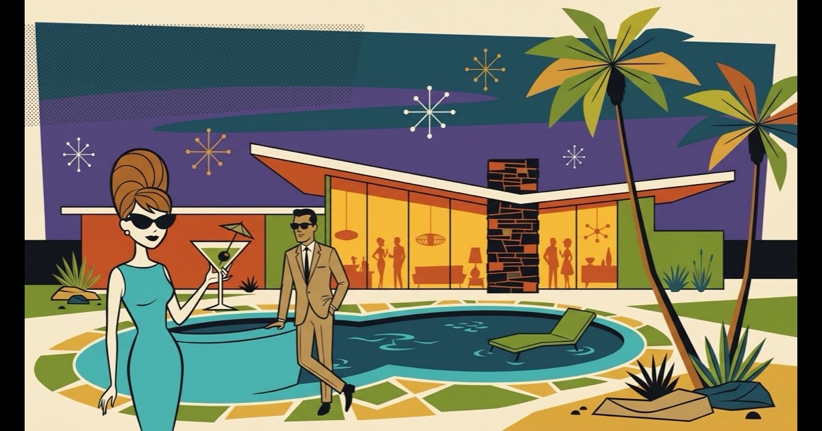 A flat-vector Shag-style illustration of a 1962 Palm Springs cocktail party scene