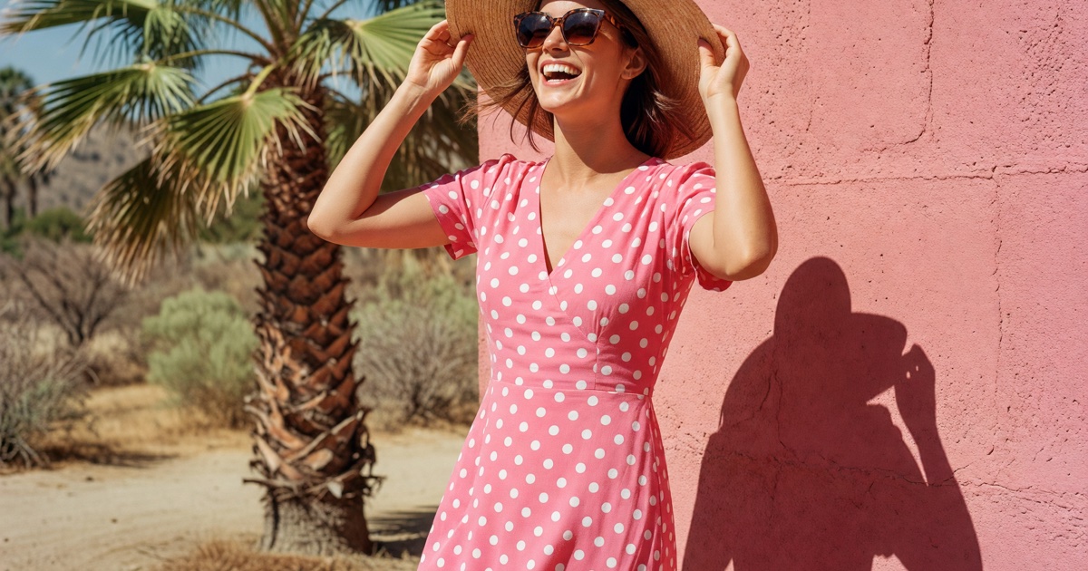 A woman in a 1970s pink polka-dot maxi dress and straw hat in front of a pink stucco wall
