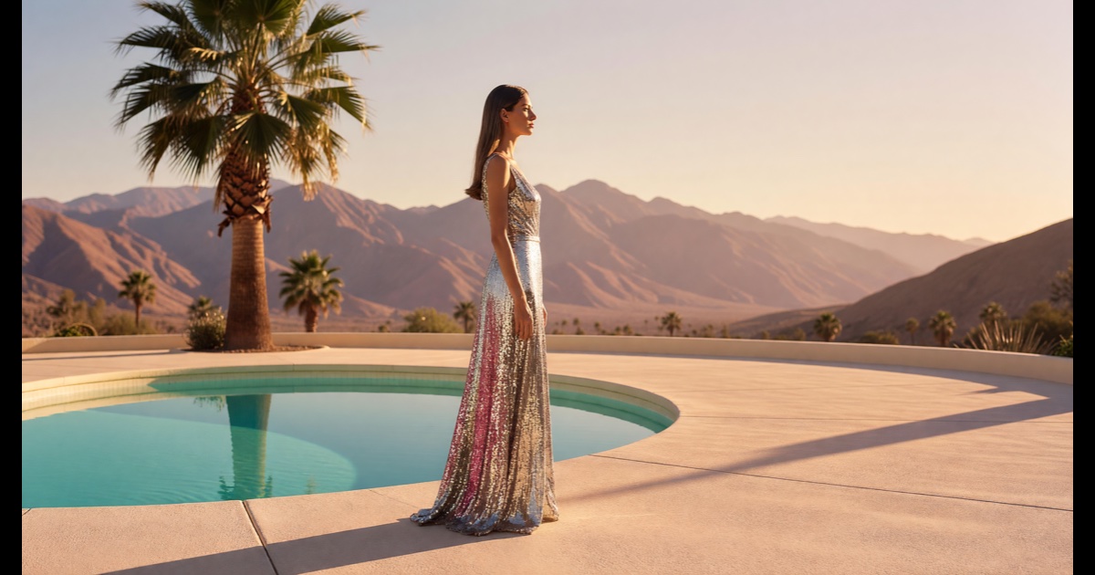A woman in a sequined evening gown by a Palm Springs pool at golden hour