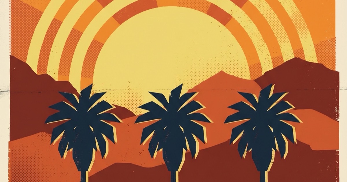 A 1962 vintage WPA-style travel poster of Las Palmas Vintage with sun rays, palm silhouettes, and mid-century architecture