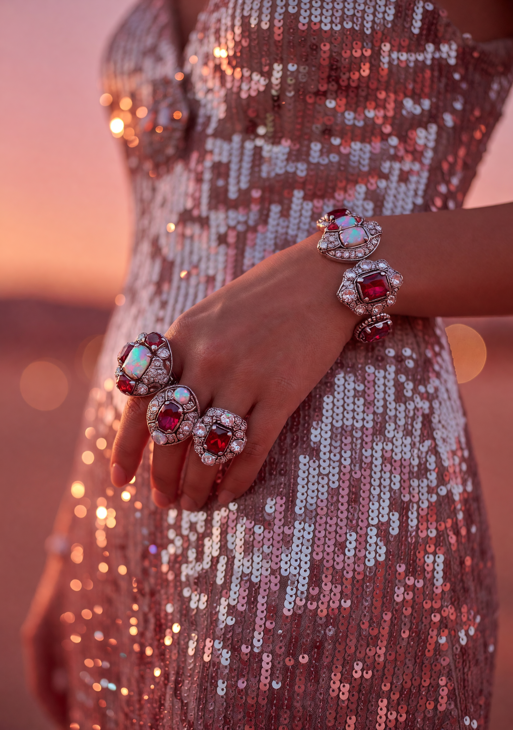 A woman's wrist in vintage cocktail rings resting against a sequined gown at golden hour