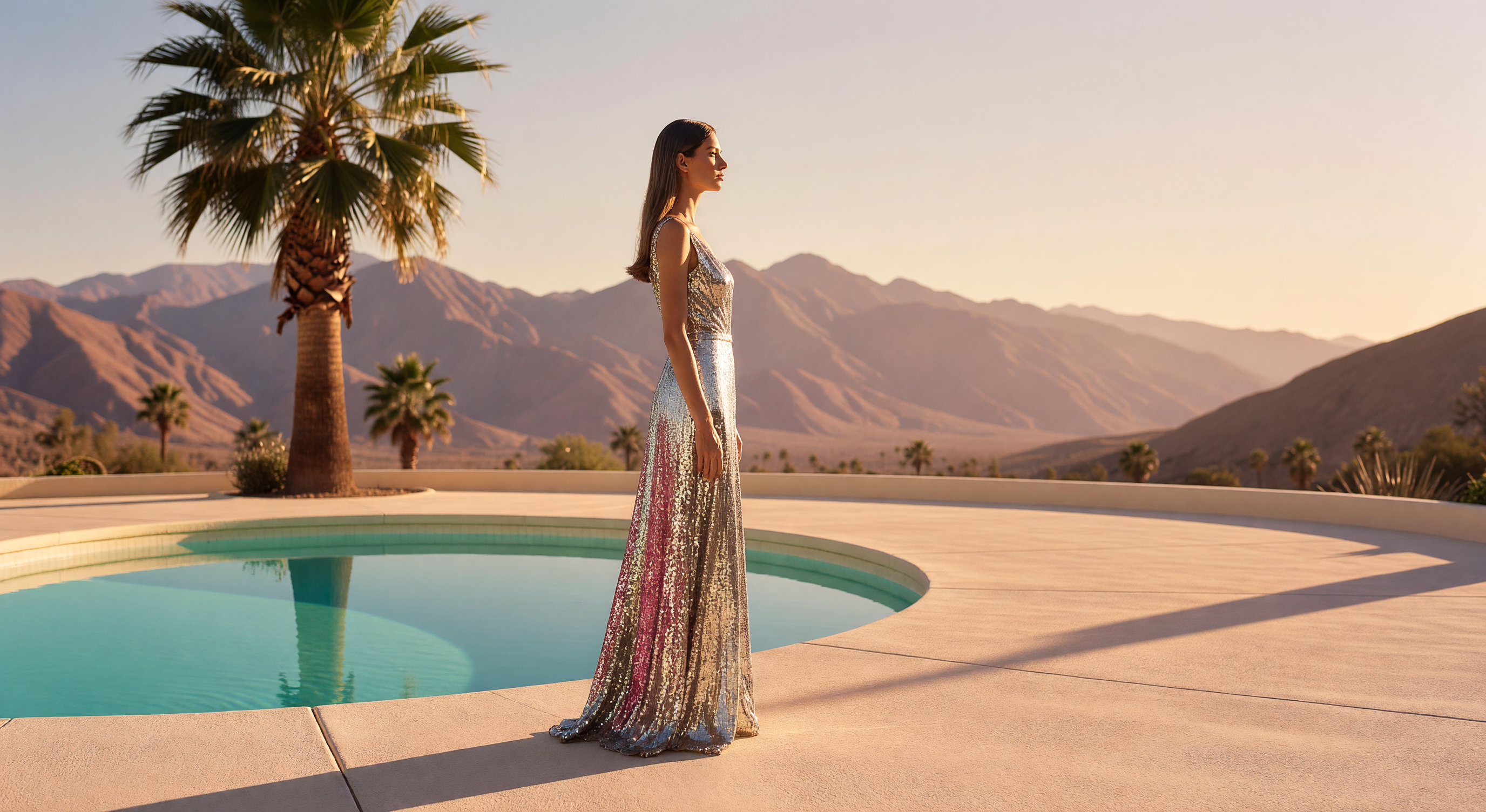 A woman in a 1970s sequined evening gown stands in profile by a turquoise pool in Palm Springs at golden hour