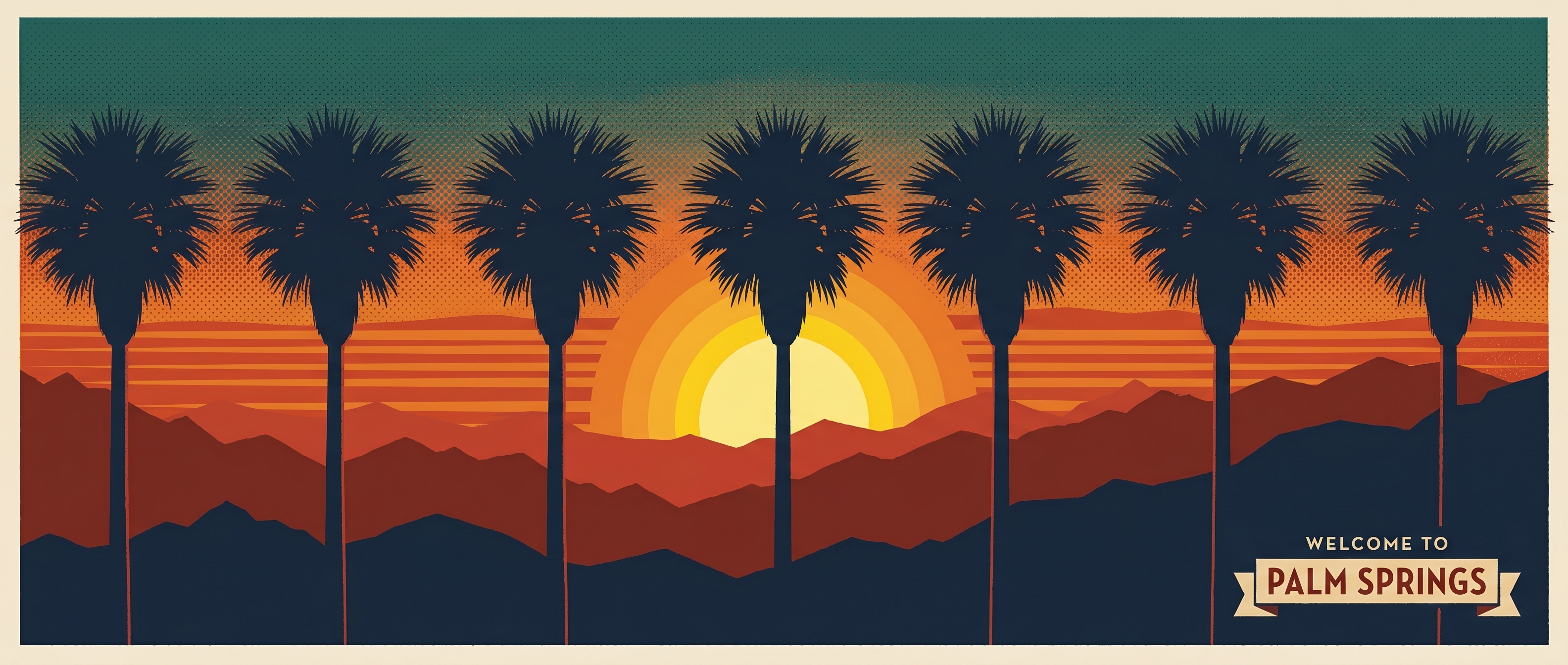 A 1962 vintage WPA-style travel banner showing seven palm tree silhouettes against a Palm Springs sunset