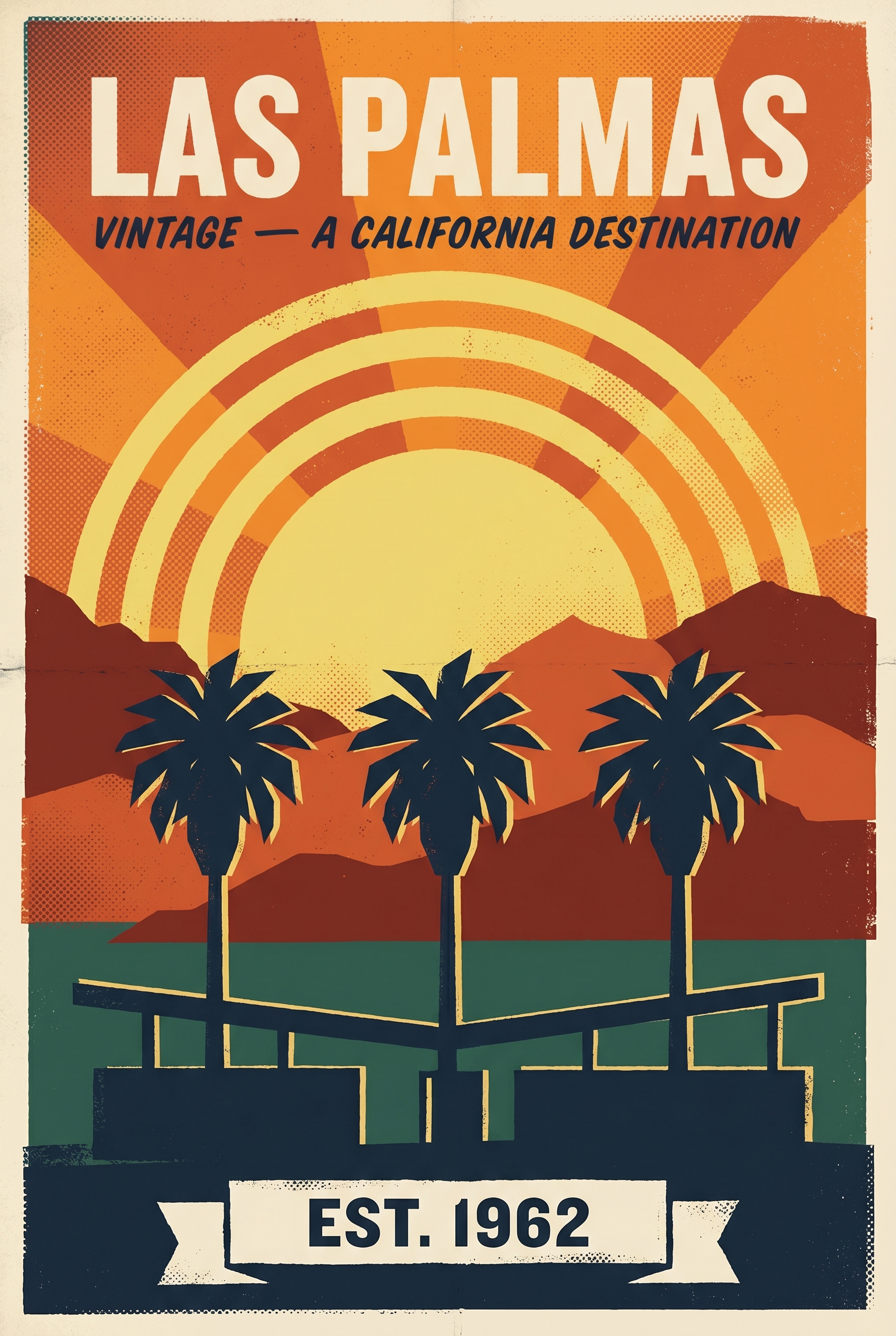 A 1962 vintage WPA-style travel poster of Las Palmas Vintage with sun rays, three palm tree silhouettes, and a mid-century modern house at sunset