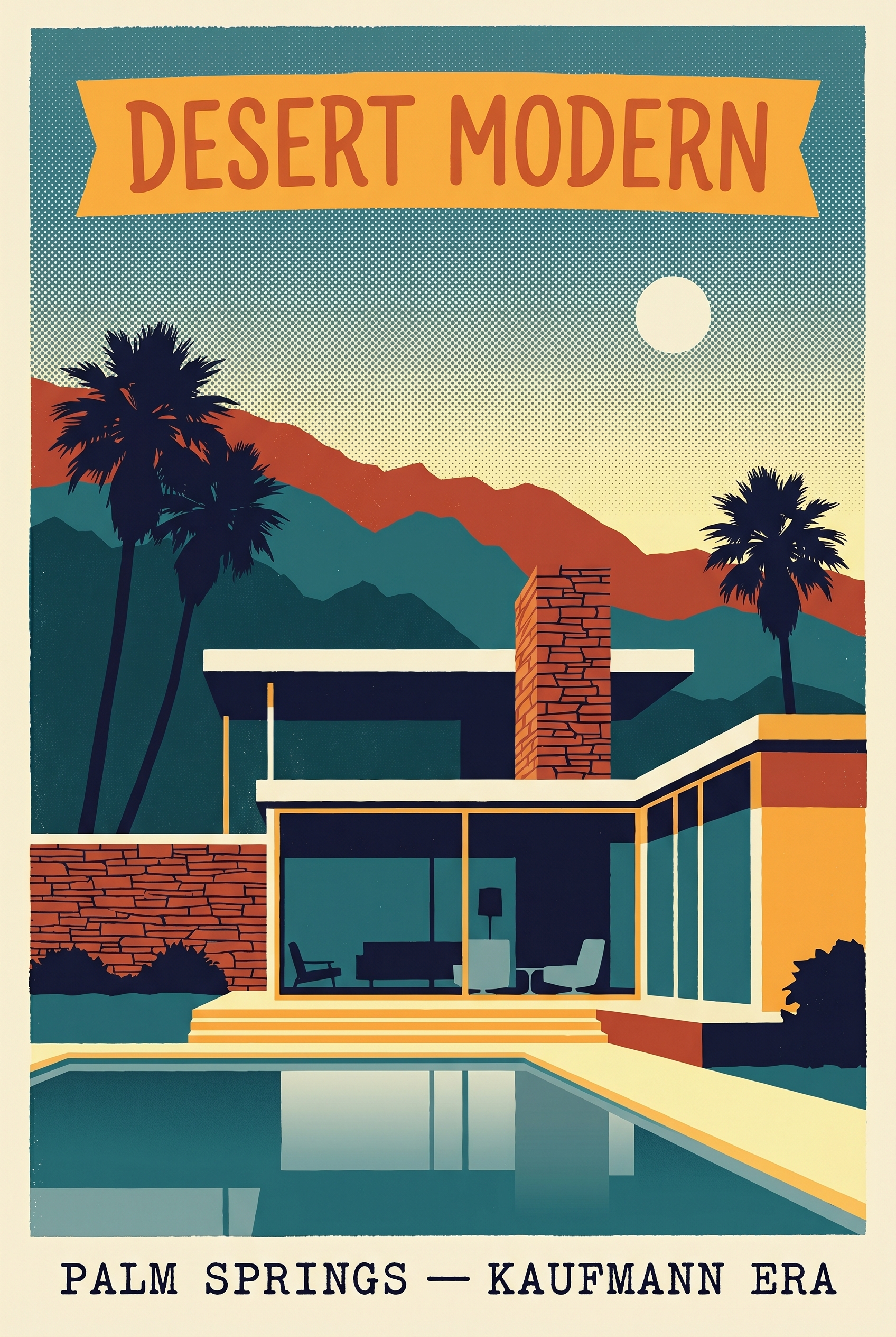 A 1962 vintage WPA-style travel poster of a Kaufmann-era mid-century modern desert home in Palm Springs