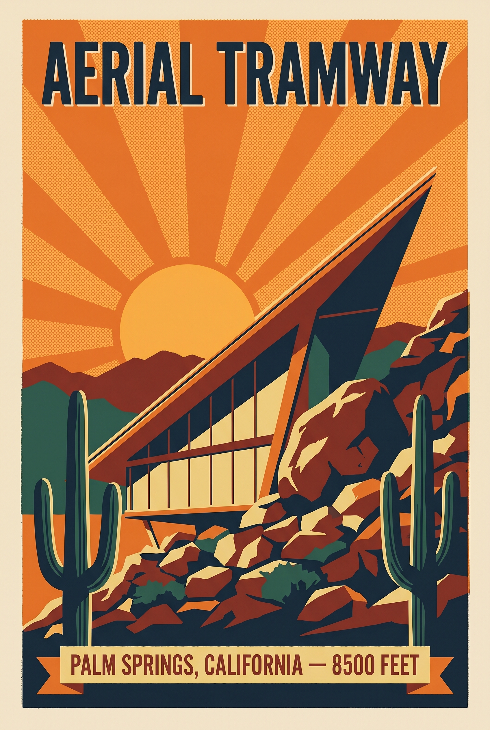 A 1962 vintage WPA-style travel poster of the Palm Springs Aerial Tramway with an A-frame house, saguaro cacti, and a sunset