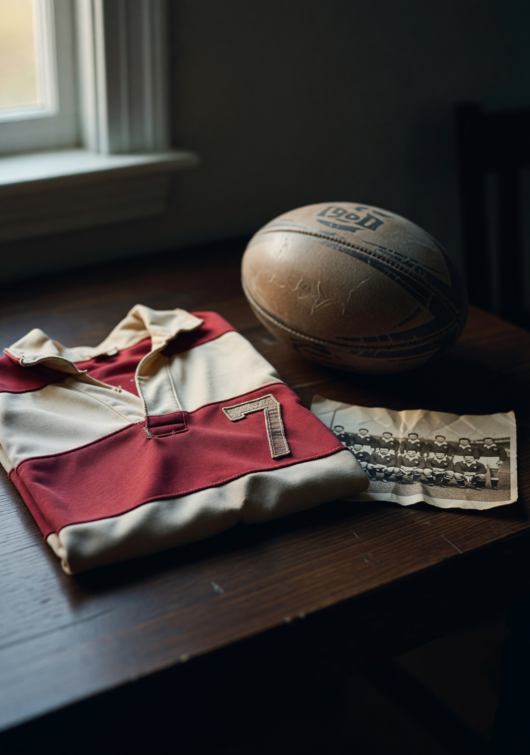 Weathered crimson-and-cream rugby jersey with a leather ball and a black-and-white team photograph on a dark oak table