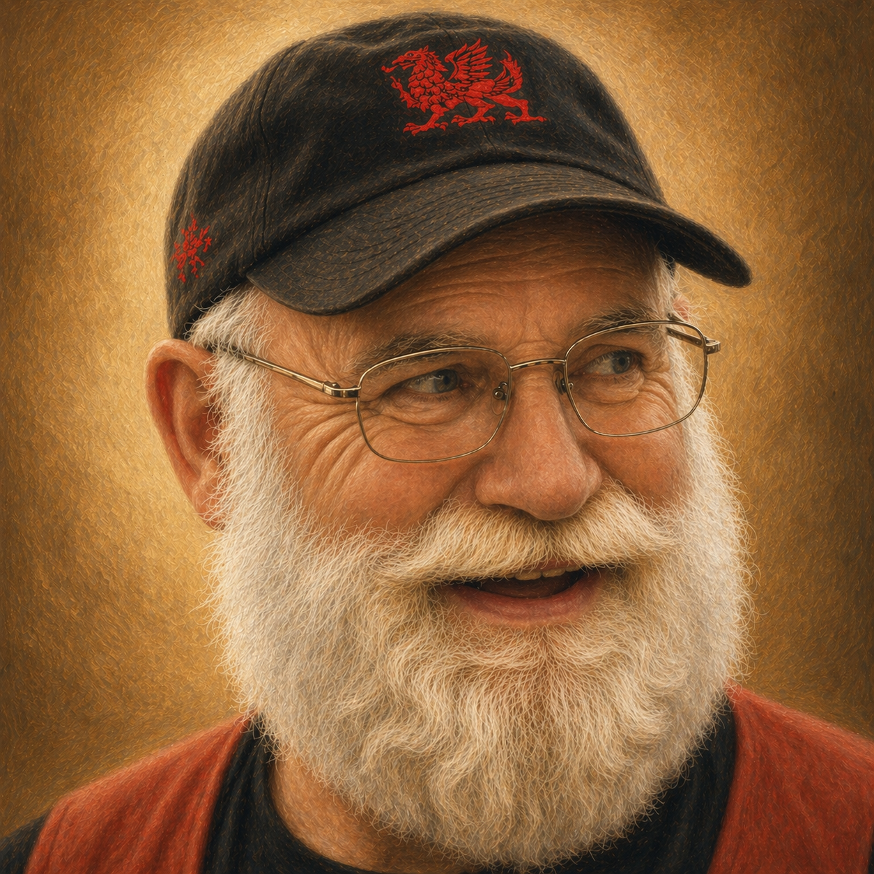 Painted memorial portrait of Lynn Davies in his Druids cap with the Welsh-dragon crest