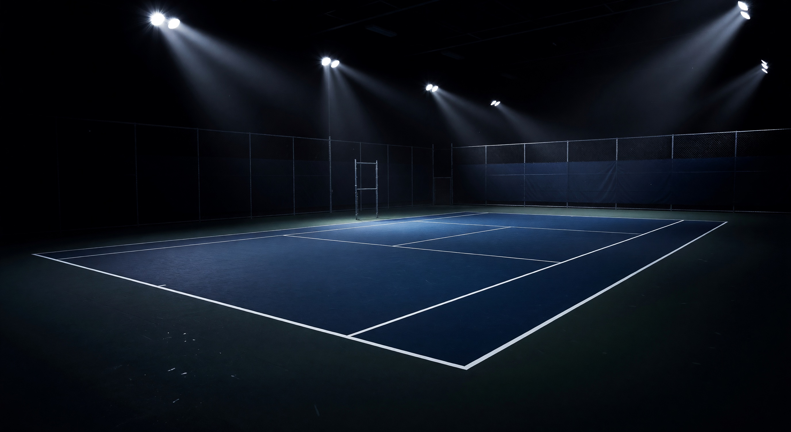 Indoor tennis court at night with dramatic stadium lighting