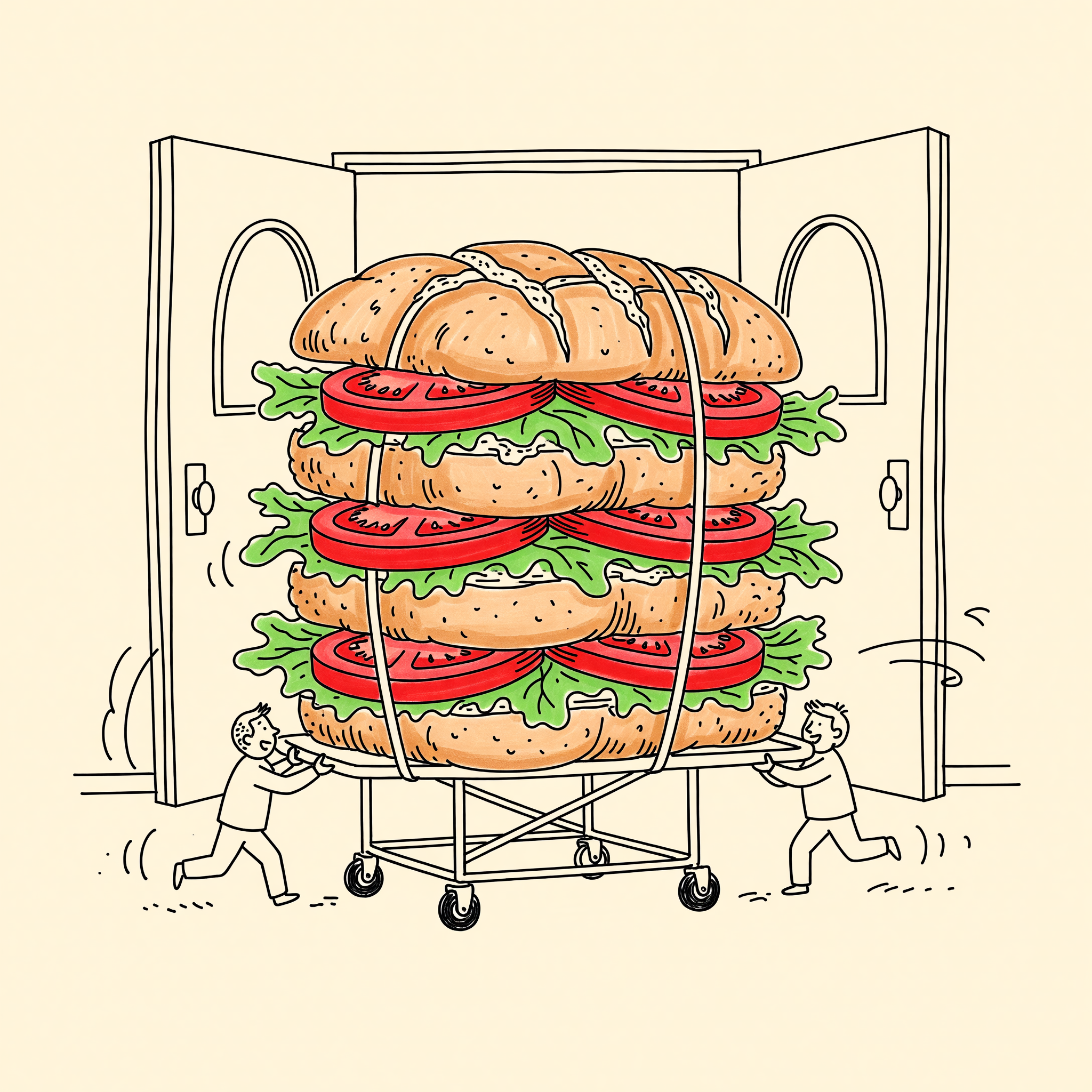 Doodle of a giant Dutch Crunch sandwich strapped to a hospital stretcher, being rushed through emergency-room doors by two tiny EMTs