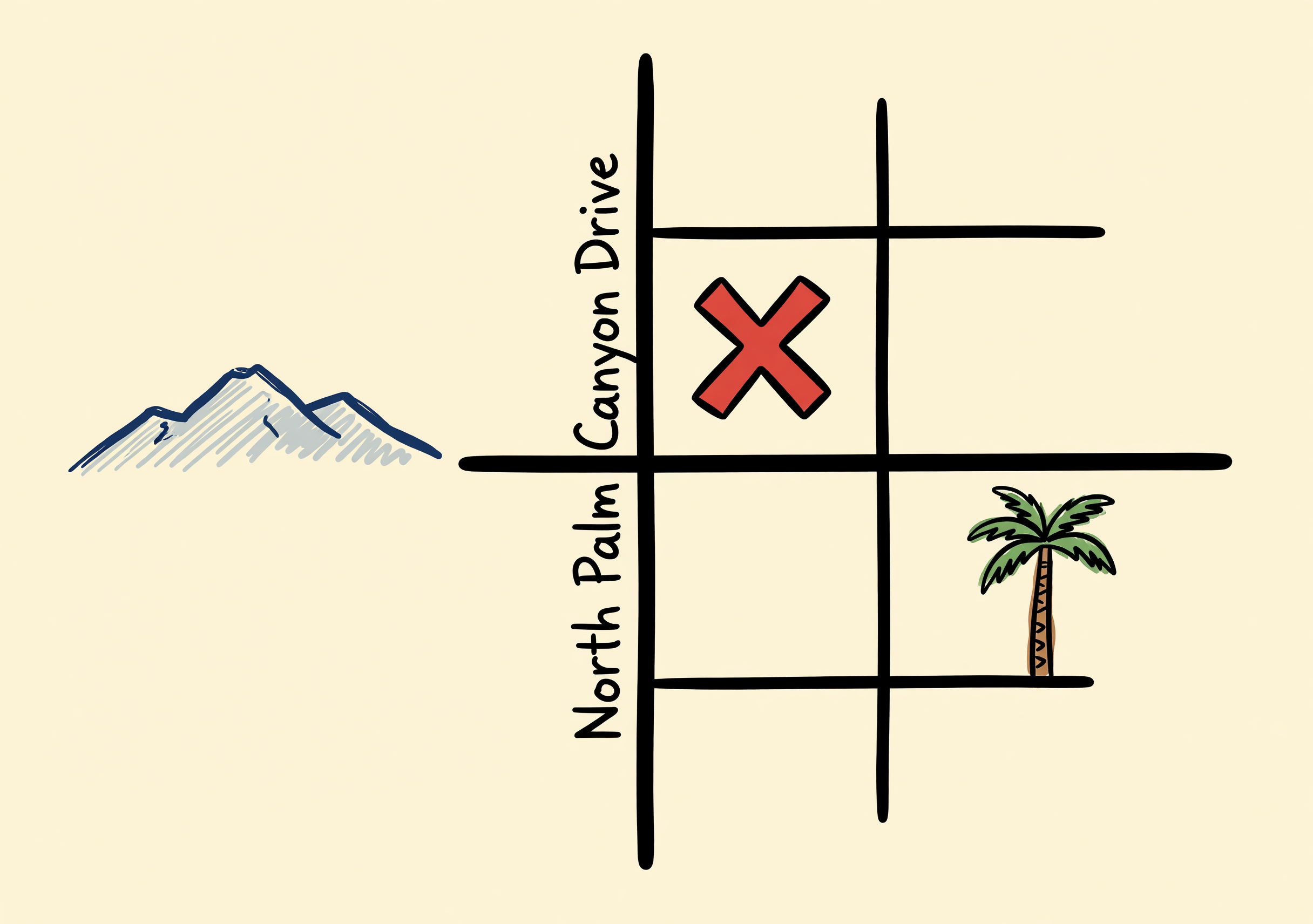 Hand-drawn doodle map of downtown Palm Springs showing North Palm Canyon Drive with a tomato-red X marking the shop, mountains to the west and a palm tree