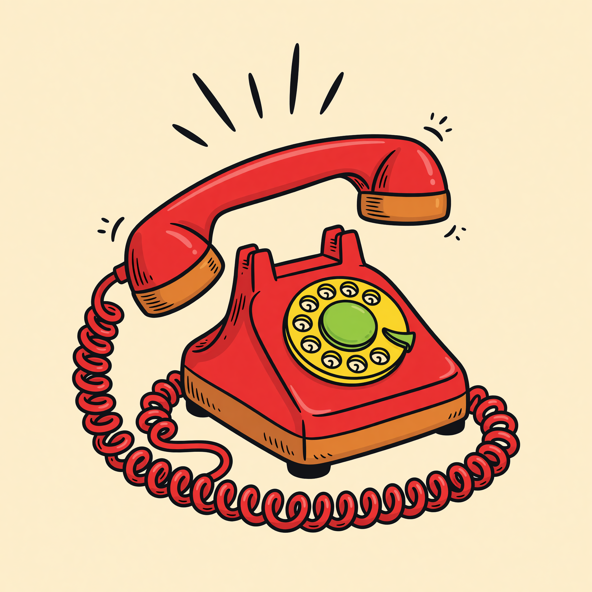 Doodle of a 1950s tomato-red rotary telephone with the receiver lifted off the cradle and three sound waves above it