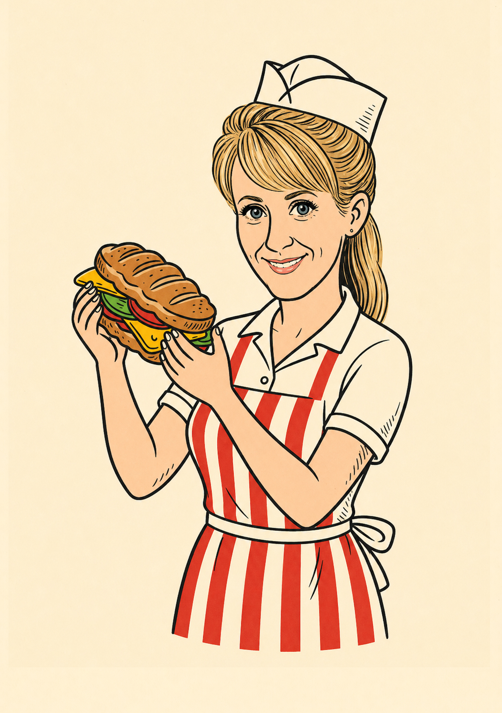 Doodle of Doctor Dena, a friendly mom-and-pop sandwich shop owner in a striped tomato-red apron and white paper hat, holding a Dutch Crunch sandwich up to the light like an X-ray
