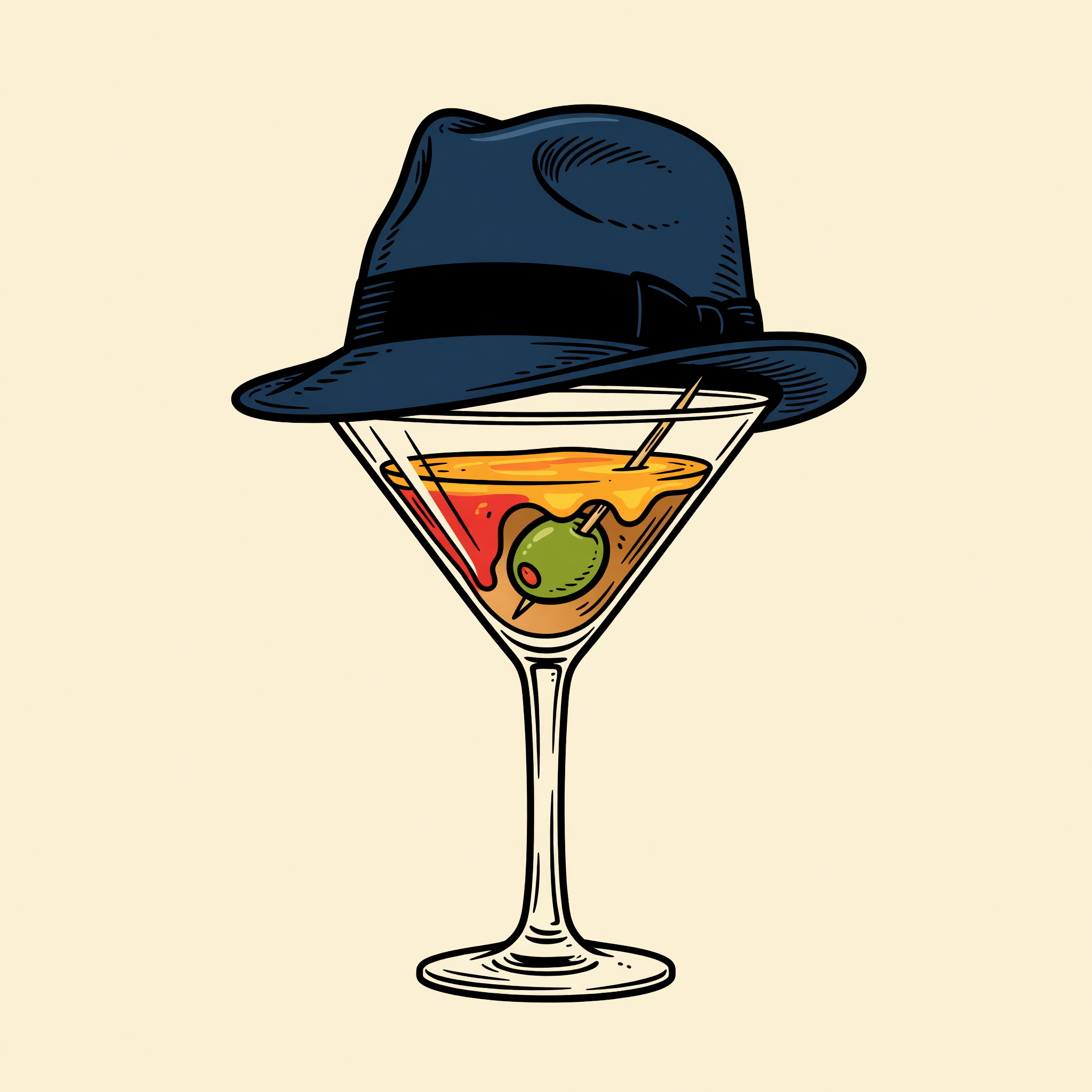 Doodle of a navy fedora atop a martini glass — Sinatra reference